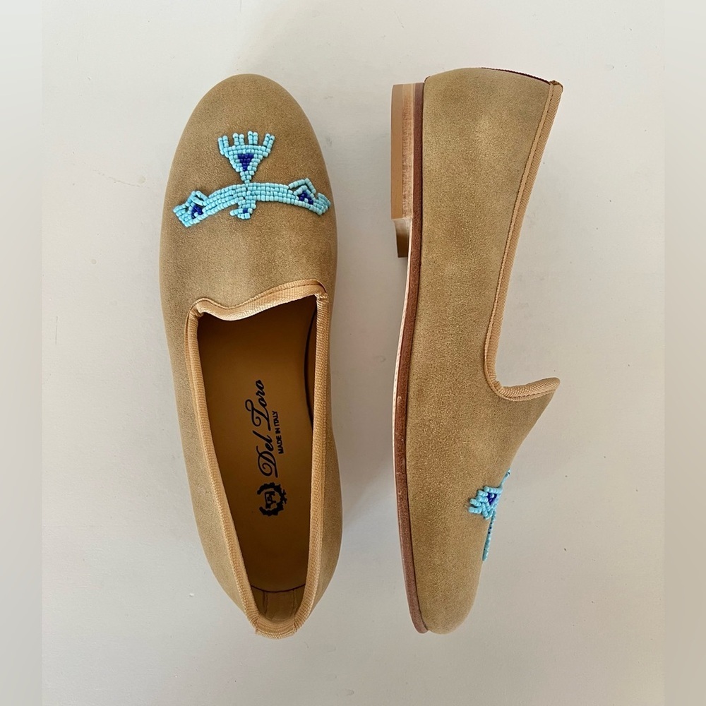 Del Taro Tan Suede Smoking Flats with Turquoise Blue Beaded Aztec Birds, 6